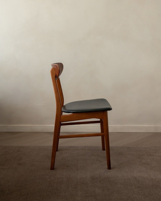 Image 1 of Vintage Danish Dining Chairs, Teak Backrest and Beech Frame, Newly Upholstered Black Skai Seats, 1960s