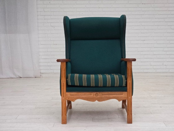 Image 1 of 1970s, Danish high back armchair, furniture wool, solid oak wood.