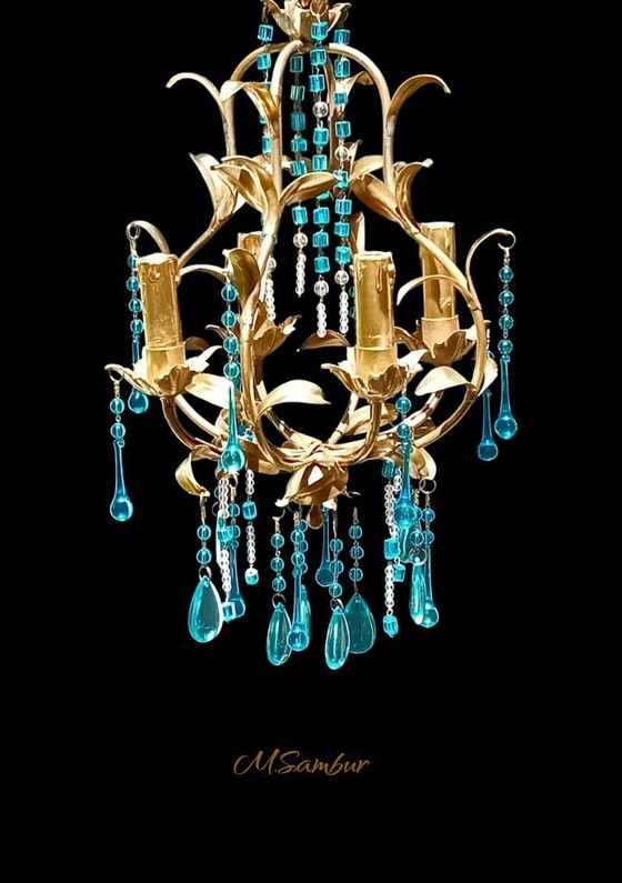 Image 1 of Lustre vintage en or et turquoise.
