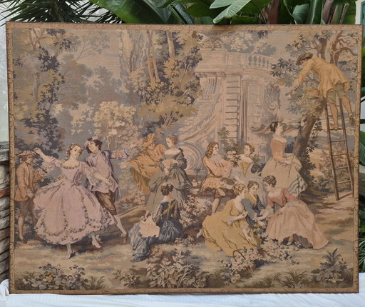 Grande tapisserie vintage Jules Pansu - Scène galante rococo