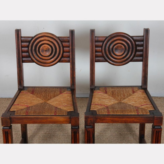 Image 1 of Juego de 6 sillas de madera maciza con asiento de paja, fabricación francesa, 1940.