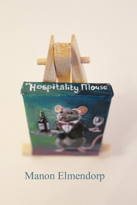 Image 1 of Unique Hand-Painted Small Painting Mouse Waiter Signed