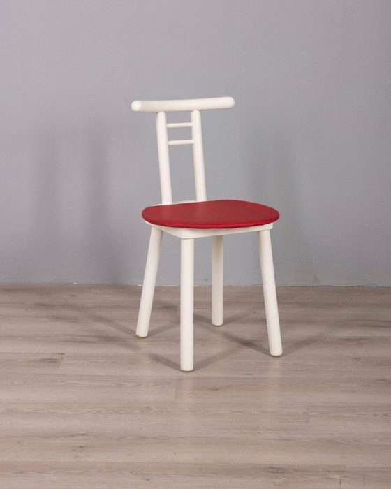 Image 1 of Set di 4 sedie vintage anni '80 in legno e vinile rosso, design italiano.