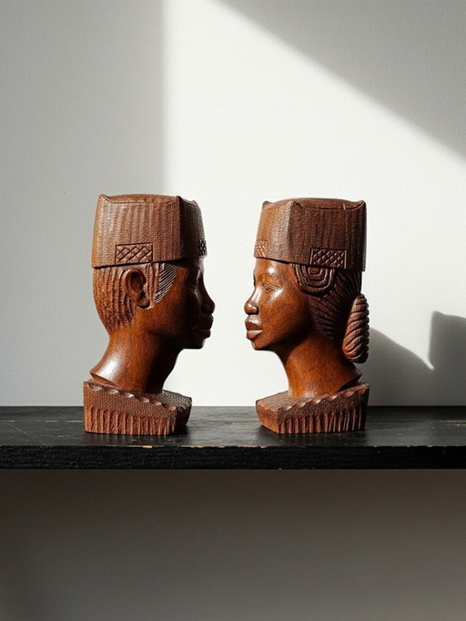 Couple de bustes Malgaches bois exotique sculpté artisanat années 60-70