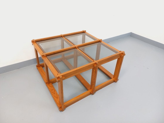 Image 1 of Vintage square coffee table in pine and smoked glass from the 70s/80s