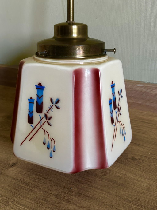 Exklusive Art-Deco-Pendelleuchte aus den 1930er-Jahren – Sechseckiges Opalglas mit Sprühdekor – hanglampen