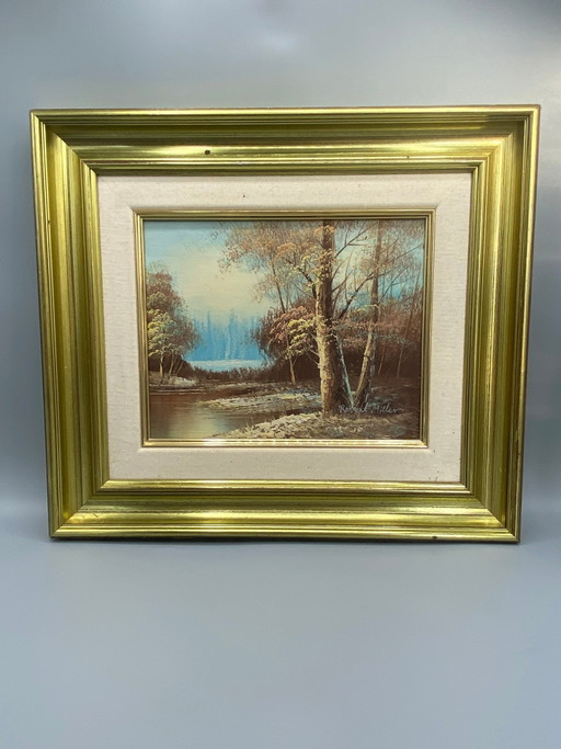 Oil on canvas signed Robert Miller, woodland river landscape, 20th century – decoratieve objecten, Textile