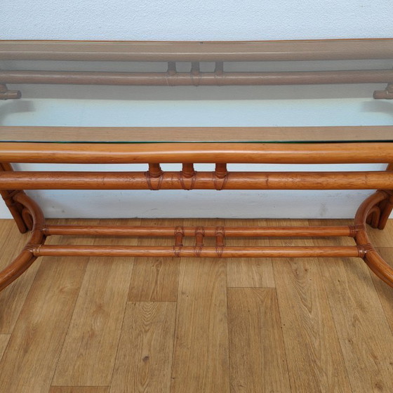 Image 1 of Vintage Rattan Side Table with Glass Top