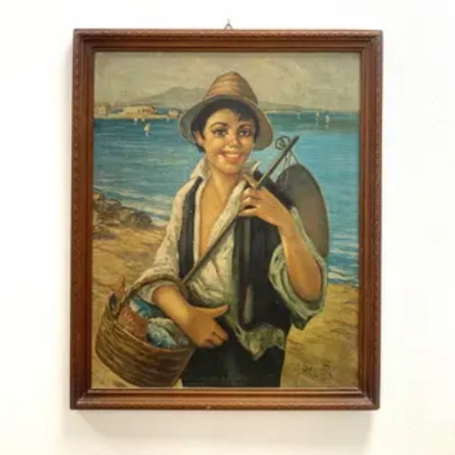Peinture à l'huile, G. De Curtis, toile signée, Jeune pêcheur italien, fin du XXe siècle