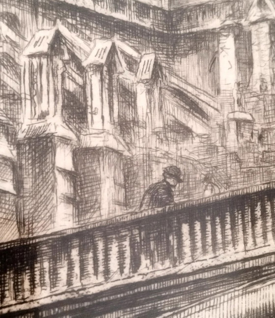 Eau-forte Originale d'Aimé Edmond Dallemagne, Intitulée Notre-Dame de Paris et le Pont au Double (photo 11 of 13)