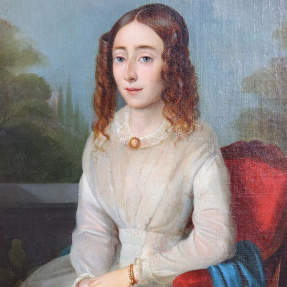 Image 1 of Portrait of a Young Woman with a Book, Oil Painting on Canvas, Italy 19th Century