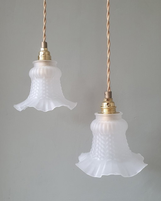 Set Vintage Antieke Frosted Glazen Hanglampjes. – hanglampen, Metal