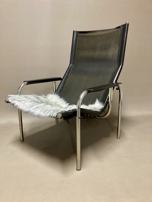 Zwart lederen fauteuil Design 1960.