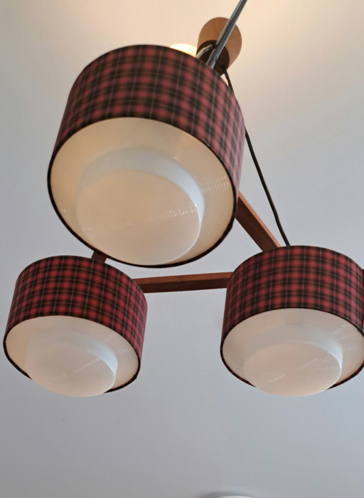 Vintage 1970s Ceiling Lamp | Scandinavian Retro Pendant Light with Teak & Checkered Shades
