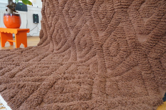 Image 1 of Handwoven Brown Wool Rug With Checkered Pattern - High Pile & 100% Wool From Tunisia