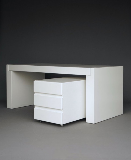 Vintage Bureau met Rolcontainer, jaren 70, Hout, Wit, Minimalisme (foto 12 van 14)