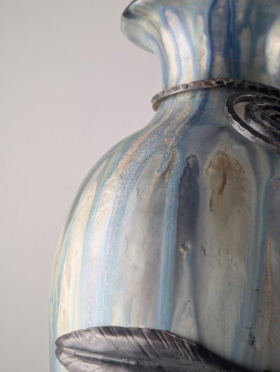 Image 1 of Vaso in gres e ferro battuto Art Déco belga Roger Guérin, anni '30