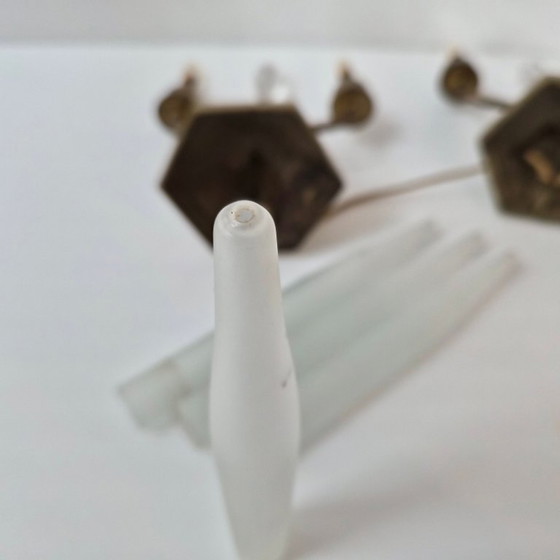 Image 1 of Pair of vintage 1950s brass and glass candle lamps, Art Deco style.