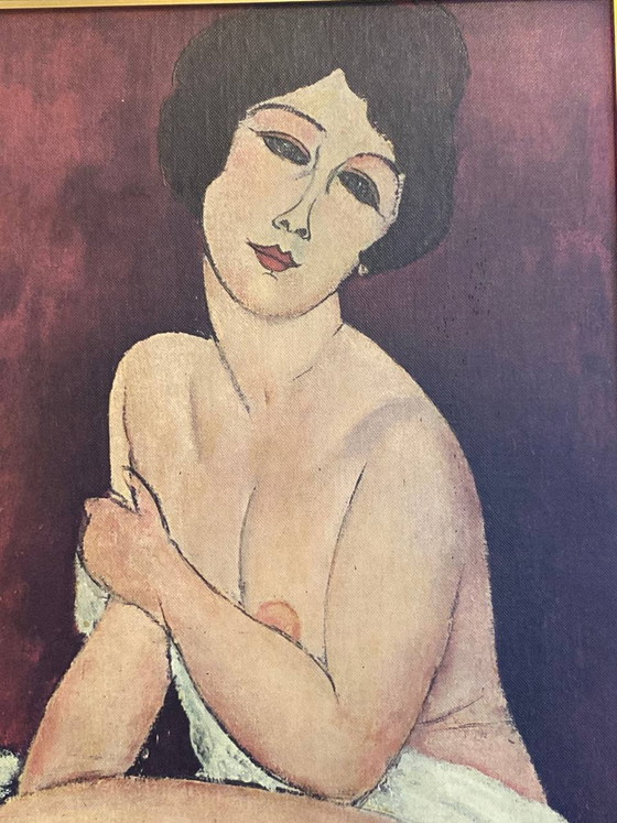 Reproductie naar Modigliani, zittend vrouwelijk naakt, vergulde lijst en zwarte passe-partout, 75 x 47 cm (photo 2 of 7)