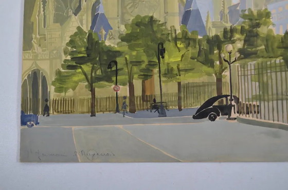 Französische Schule des 20. Jahrhunderts "Paris - Blick auf St Germain L'Auxerrois" Gouache Monogrammiert, (photo 5 of 11)