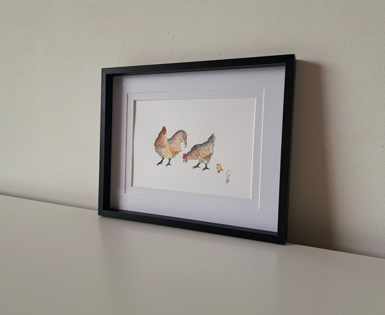 Image 1 of Original watercolor painting of chickens in a frame