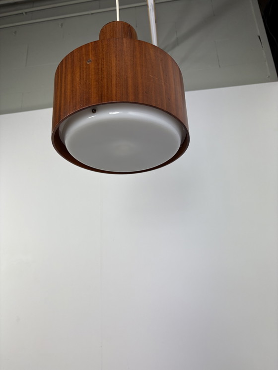 Image 1 of Temde Leuchten teak wood wooden veneer & plexiglas acrylic pendant hanging light lamp mid century modern 1970s seventies Swiss