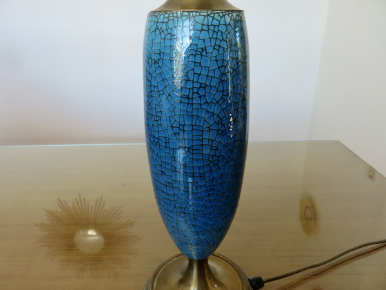 Image 1 of Lamp van blauw en brons craquelékeramiek, Frankrijk