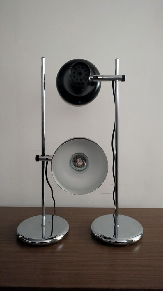 Pair of vintage desk lamps, Metal, Chrome, Black (photo 6 of 10)