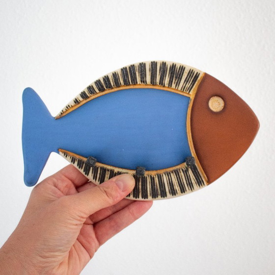 Image 1 of Vintage ceramic fish key holder wall rack: handmade Cuenca Tierra pottery from Ecuador