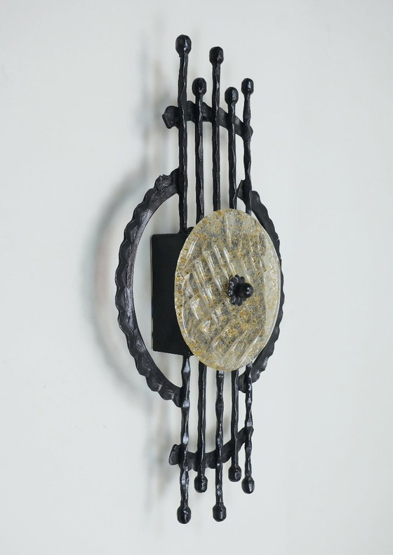 Image 1 of mid century brutalist style wrought iron and glass wall lamp sconce 1960s 1970s