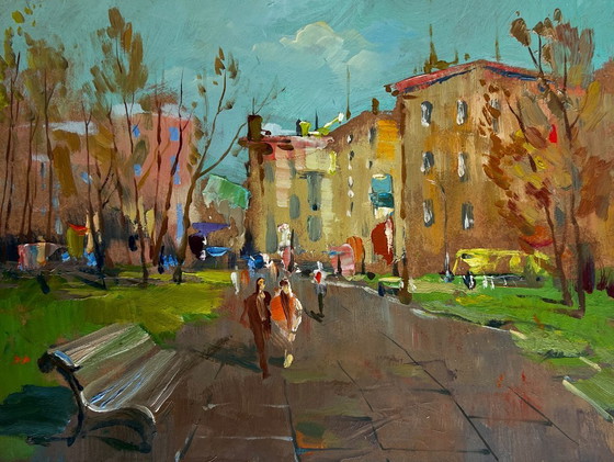 Image 1 of Origineel olieverfschilderij: Herfststadslandschap, gouden herfst in het park