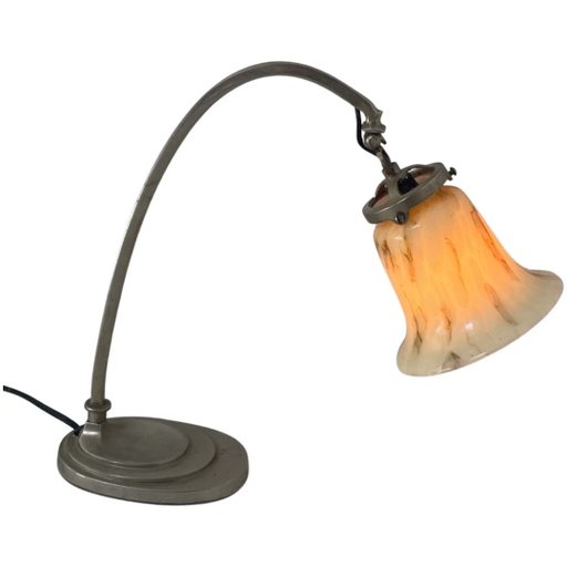 Art déco - Lampada da scrivania con vetro marmorizzato - Pezzo d'epoca - Paralume regolabile