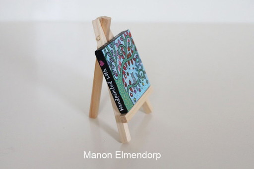 Unique Hand-Painted Small Painting with Donkey and Cat in a Tree