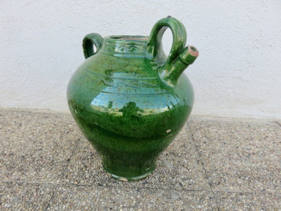 Image 1 of Ancienne jarre à huile en terre cuite vernissée vert, sud de la France, fin XIXème