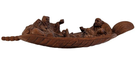 Chinees houten snijwerk, 19e eeuw – Onsterfelijken in een boot. – Beeldhouwkunst, Wood (photo 2 of 10)