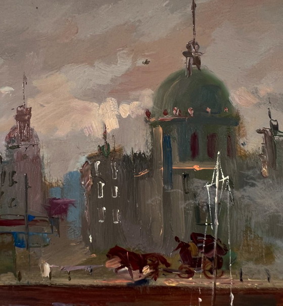 Original Oil Painting Urban Landscape Architecture River Bridge Busy City Streets – Paintings & Drawings, Mdf (photo 4 of 10)