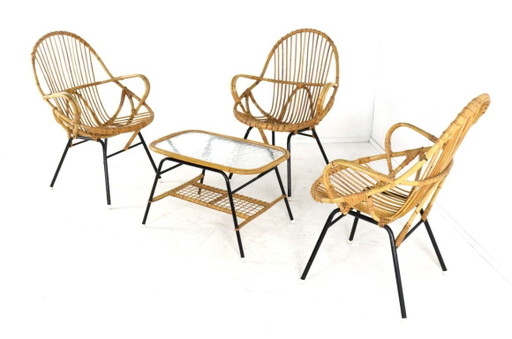 Set of 3 rattan armchairs + vintage rattan coffee table, Rohe, Noordwolde