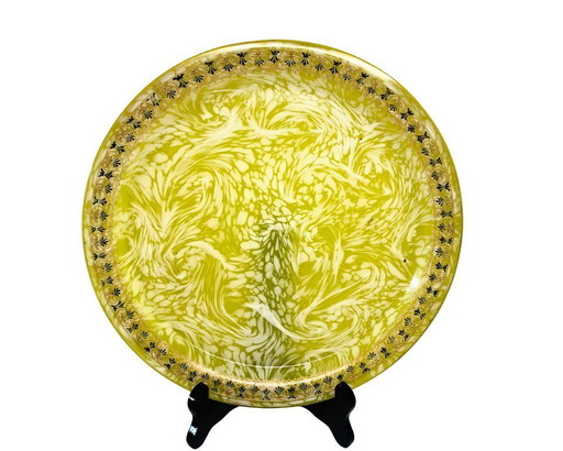 Hand Blown Art Glass Plate Yellow White Swirl Gold Rim Murano Style Vintage