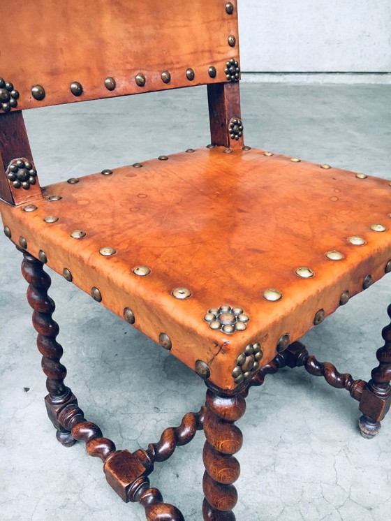 Image 1 of Englische Cromwell-Stühle aus hellbraunem Leder und Eiche, frühes 20. Jahrhundert