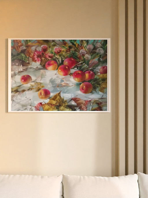 Original Oil Painting Abstract Expressionism Fruit Still Life Apples in the Snow – schilderijen tekeningen (photo 2 of 8)
