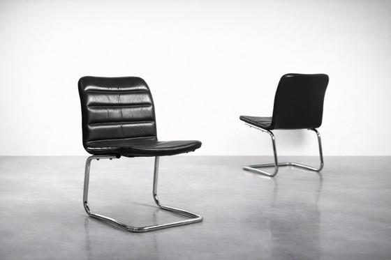 Image 1 of Vintage Mid-Century Minimalist Chrome & Black Leather Club Chairs from POL International, 1960s, Set of 2