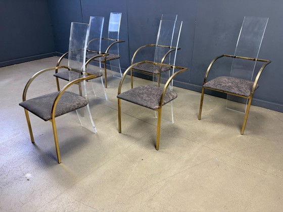 Sillas de comedor de latón y metacrilato de Belgochrom, década de 1970 - Juego de 6 – Plexiglass, Textile (photo 8 of 12)