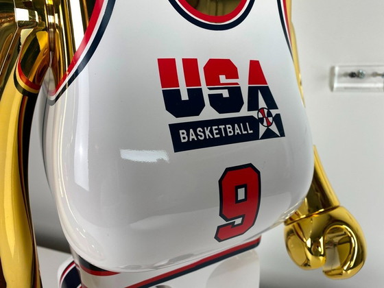 Image 1 of Bearbrick Michael Jordan 1992 Dream Team USA Jersey gold chrome 1000% MEDICOM toys 2021