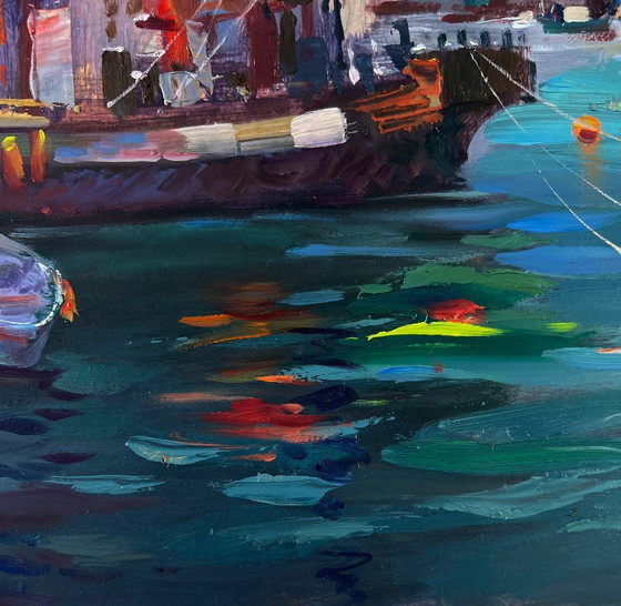 Image 1 of Original Oil Painting Gloomy Houses Landscape Boats bob at the city pier