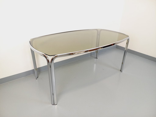 Incurved Rectangular Dining Table in Smoked Glass and Chrome Metal 70's Space Age Style