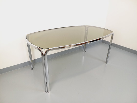 Image 1 of Incurved Rectangular Dining Table in Smoked Glass and Chrome Metal 70's Space Age Style