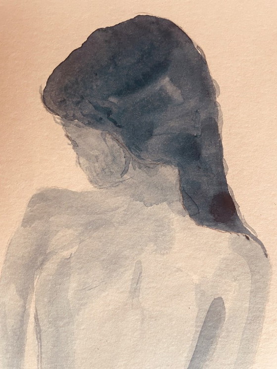 Image 1 of Indigo blue watercolor painting of a woman from behind, wearing a fouta towel, in a hammam.