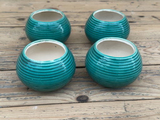 4 petits pots annelés en céramique verte - années 50