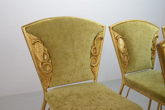 Image 1 of Tabourets de bar Cobra dorés avec tapisserie en velours vert citron, 1970. Ensemble de 2.