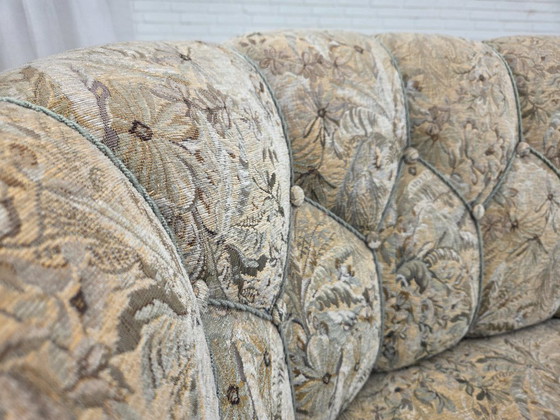 Image 1 of Anni '70, divano danese a 3 posti curvo, tessuto originale multicolore, legno di faggio.